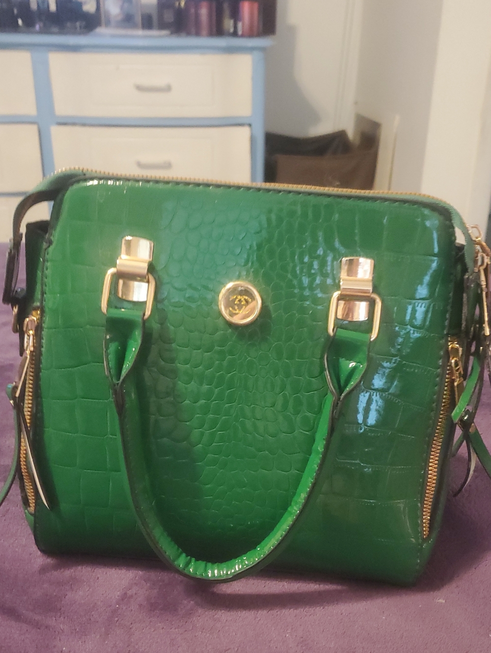 Green Patent Croc-Embossed Satchel Handbag with Gold Hardware. NEW
